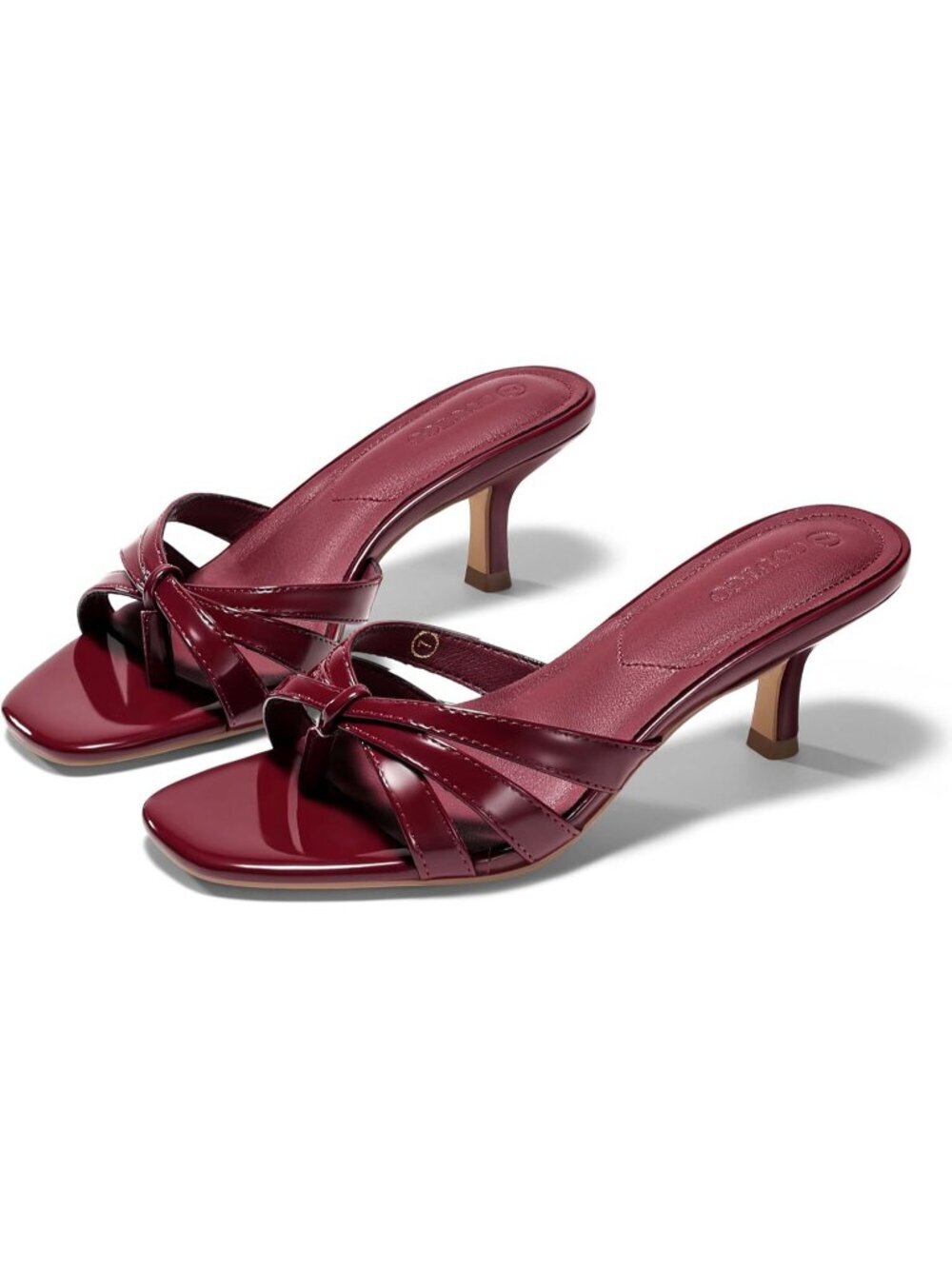 Women's Wine Red Strappy Kitten Heels Square Open Toe Flip Flops Slip On Shoes